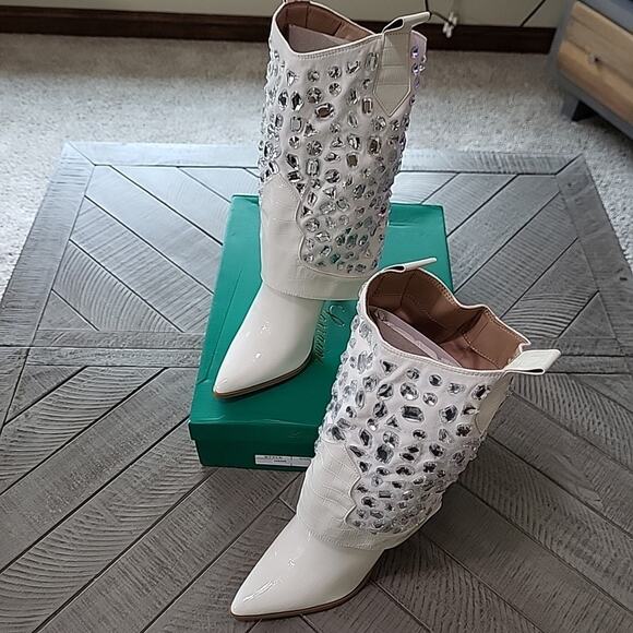 Lauren Lorraine Hana Cowboy Boots Womens White Rhinestone Stiletto Heel - Picture 2 of 12